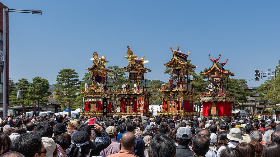 Spring Takayama Festival floats displayed near Nakabashi Park