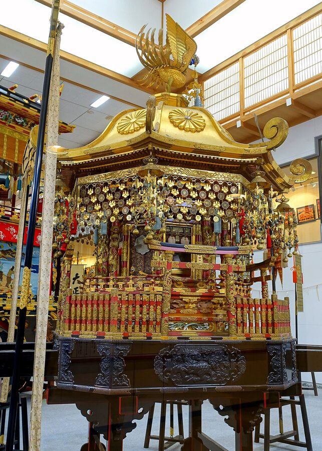 Mikoshi portable shrine on display at the Takayama Festival Float Exhibition Hall