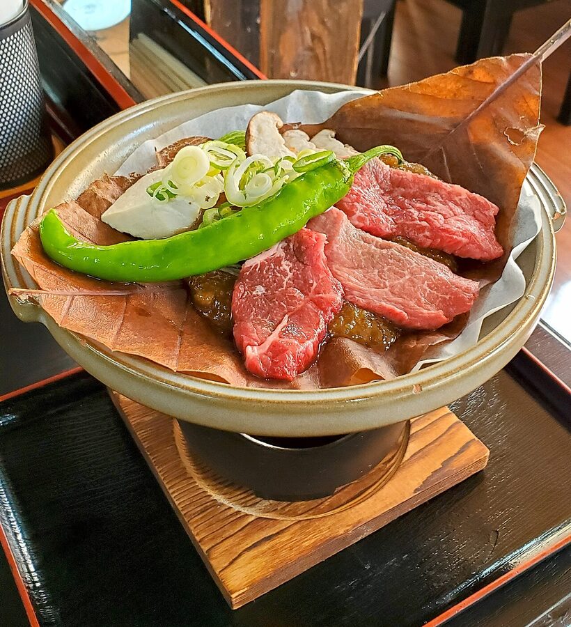 Hida beef cooked on a hoba magnolia leaf with miso