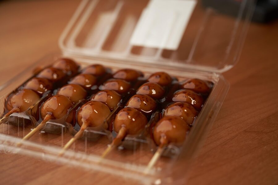 Mitarashi dango rice dumplings on skewers