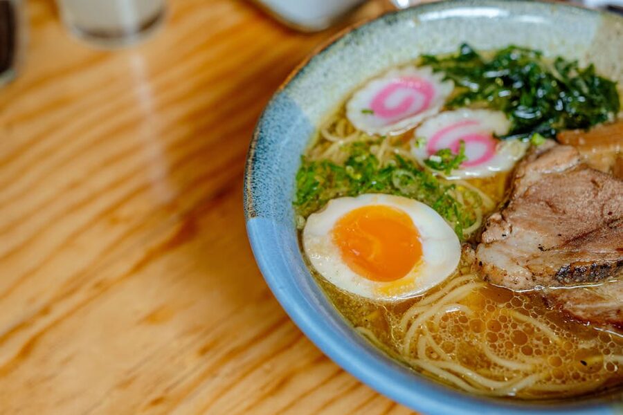 Bowl of Japanese ramen with egg and toppings