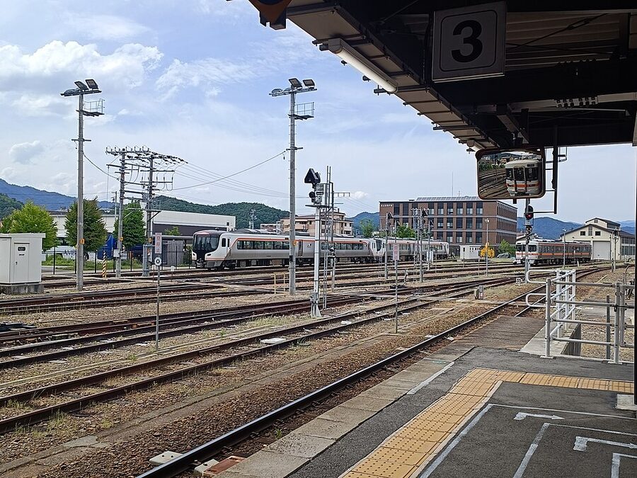 JR Takayama Station platform with the JR Hida limited express waiting