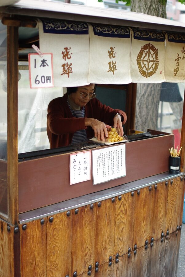 Skewers of Hida-style mitarashi dango