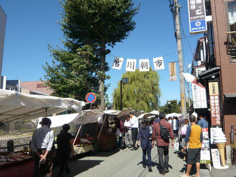 Miyagawa morning market in Takayama with stalls and people