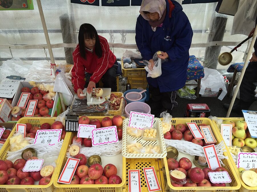 A produce stall at Hida-Takayama Miyagawa Morning Market