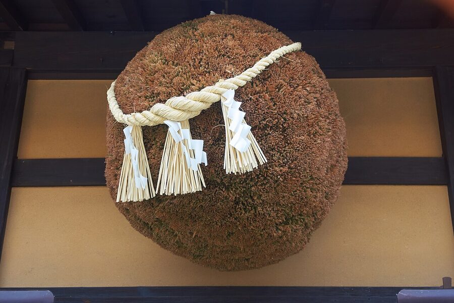 Sugidama cedar ball outside a Takayama sake brewery