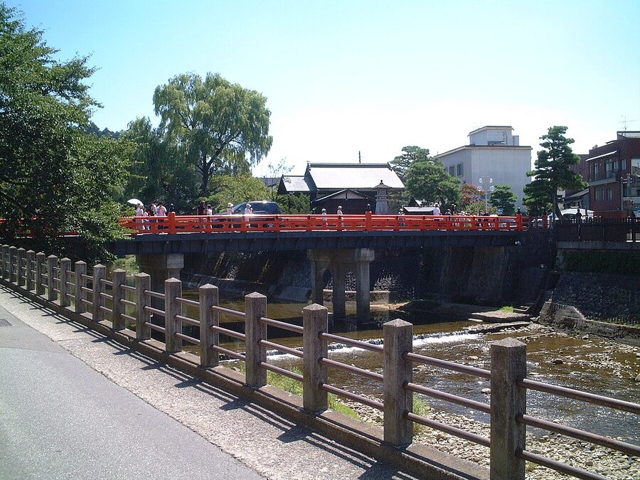 Nakabashi red bridge over the Miyagawa Takayama