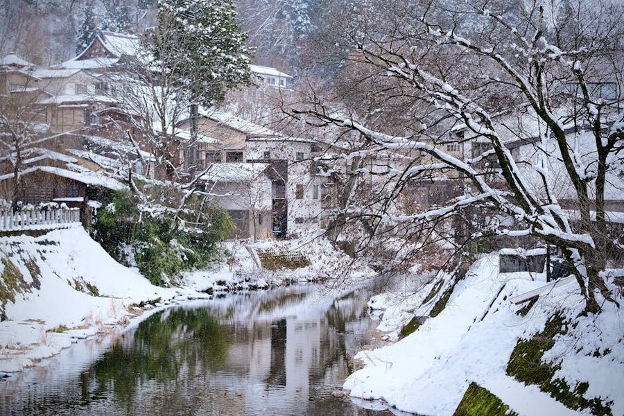 Winter view of Takayama river and old town houses