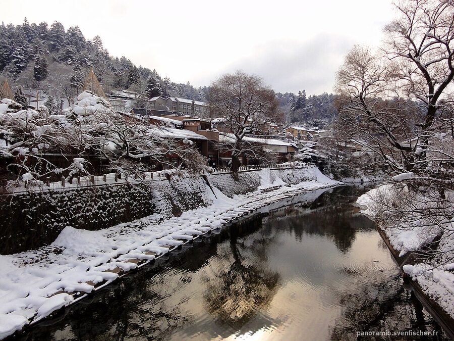 Miyagawa river in Takayama after a night of snow