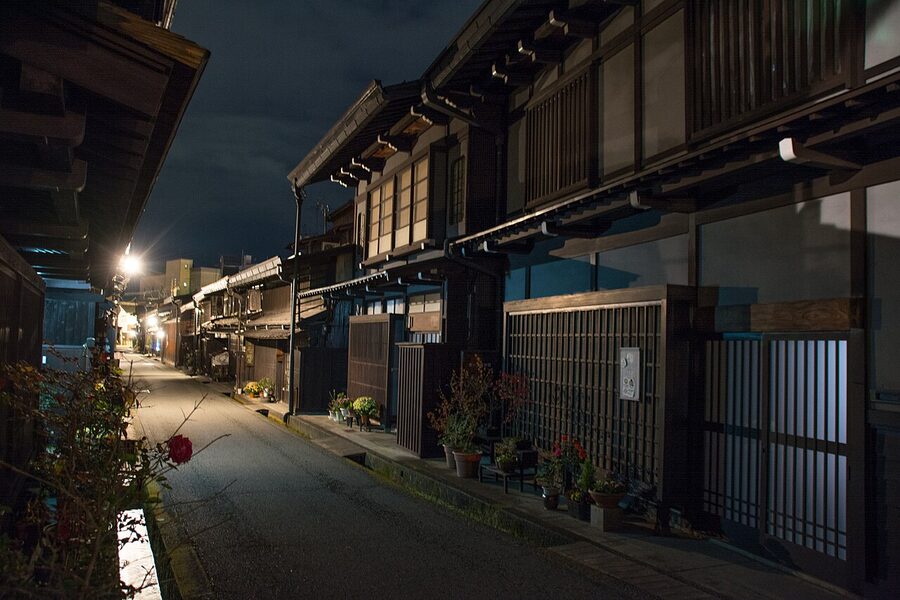 Takayama Old Town at night with traditional buildings illuminated