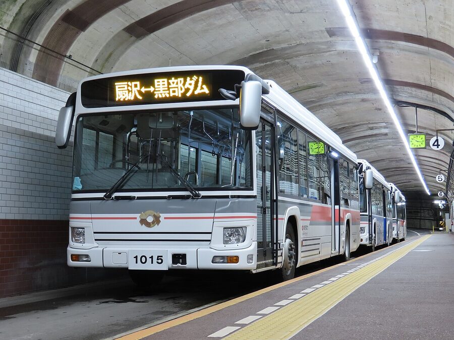 Kanden Tunnel Electric Bus at Kurobe Dam Station entry