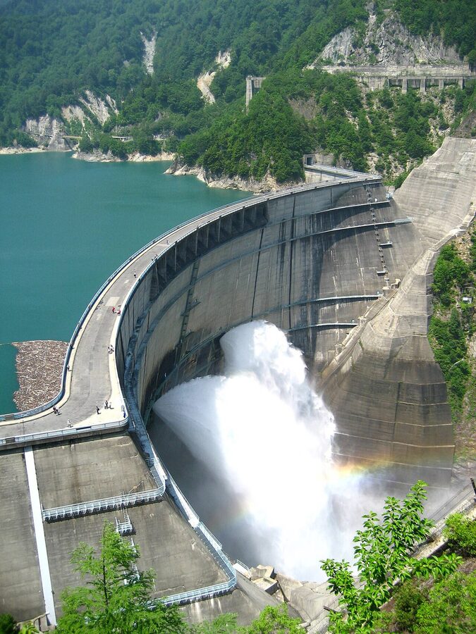 Kurobe Dam viewed from the lake side in autumn