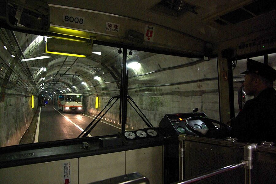 Old Tateyama Tunnel trolleybus passing inside the tunnel in 2014