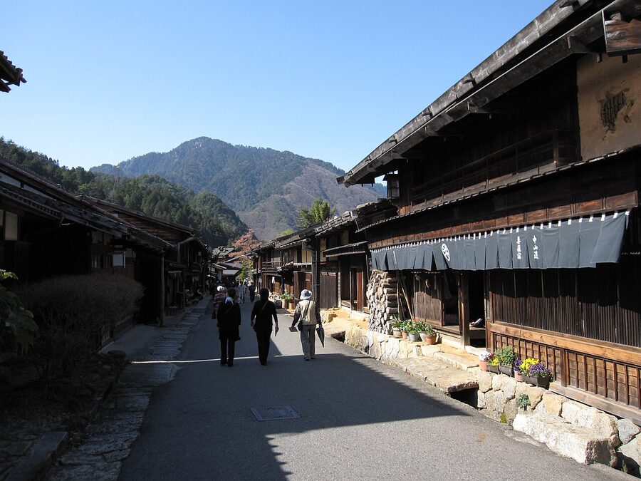 Tsumago-juku in spring with cherry blossoms