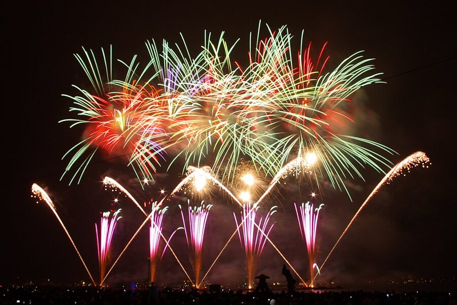 Fireworks reflecting on Lake Suwa