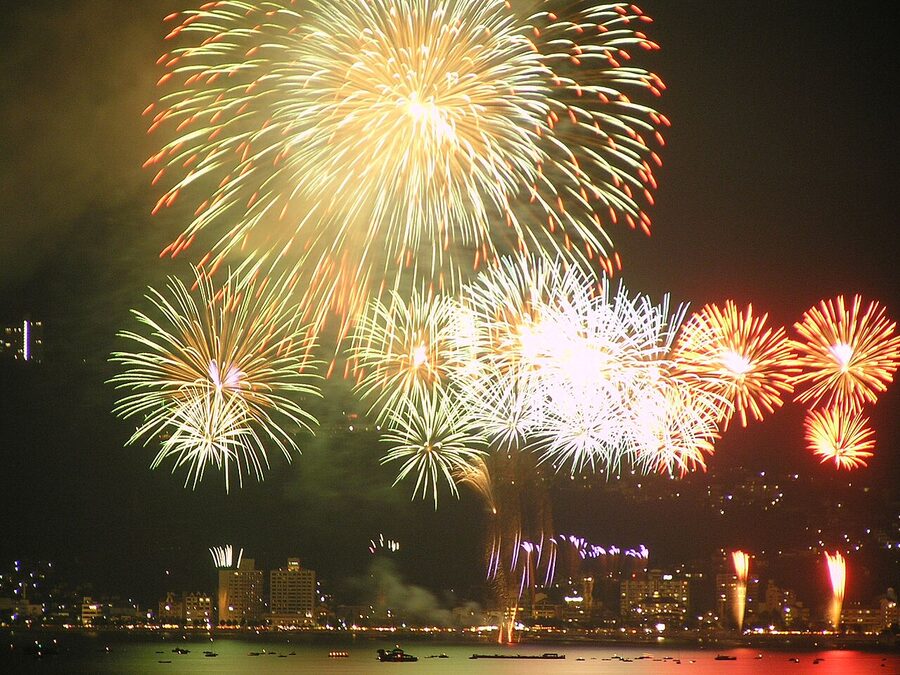 Fireworks bursting over Lake Suwa during the August festival