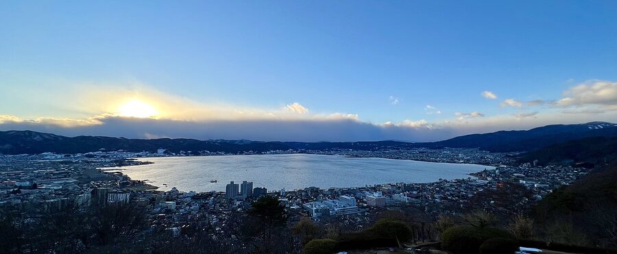 Lake Suwa seen from Tateishi Park, with the city wrapped around the shoreline