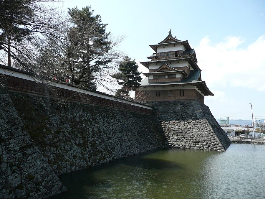 Takashima Castle keep with cherry blossoms