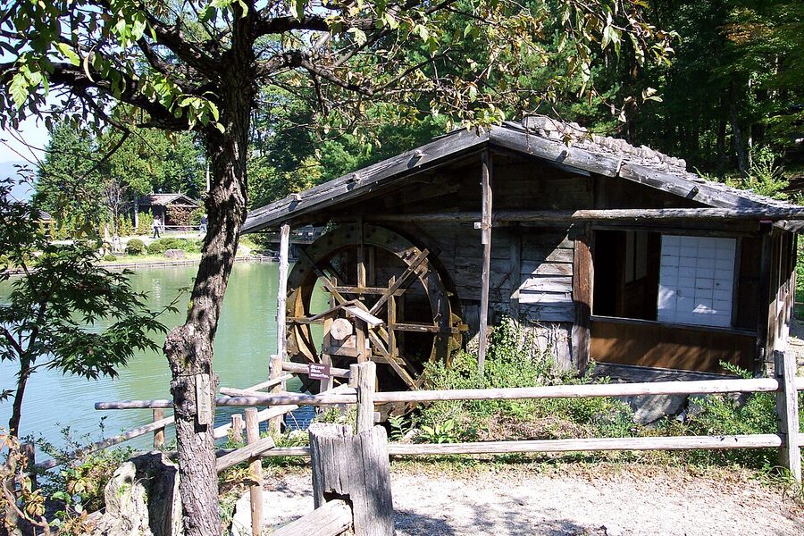 Old wooden water mill at Hida Folk Village