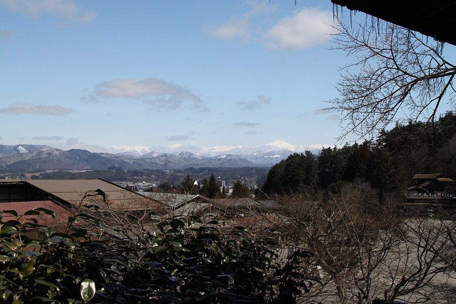 Aerial view of gassho-zukuri farmhouses at Hida Folk Village