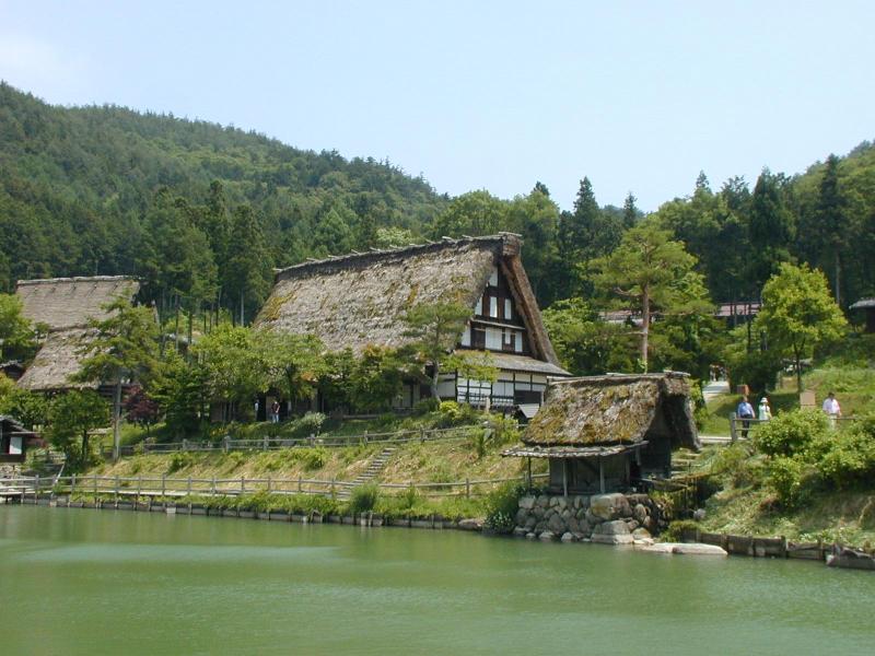 Wide overview of Hida Folk Village from the upper terrace