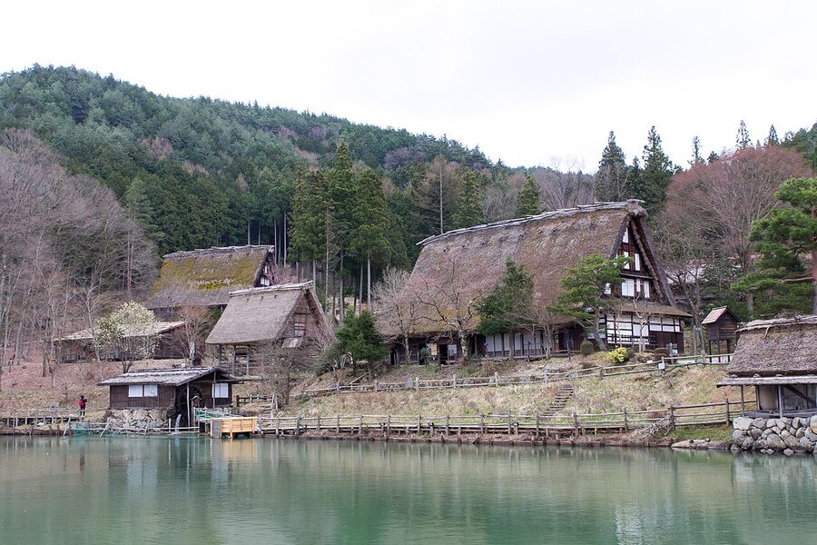 Path between gassho-zukuri buildings at Hida Folk Village