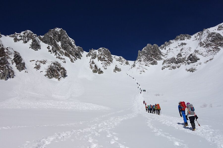 Senjojiki Cirque under deep winter snow with Mt Hoken