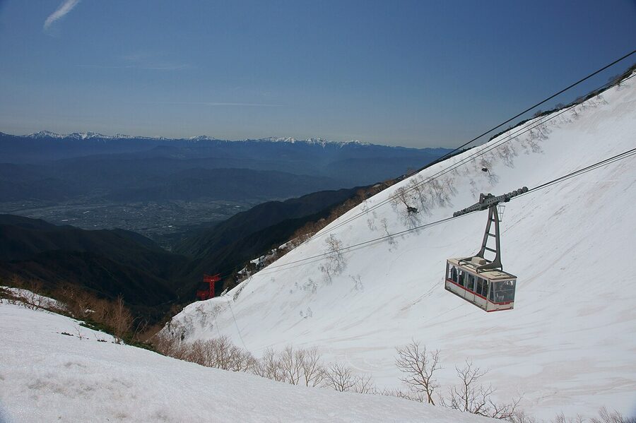 Komagatake Ropeway cabin in spring snow conditions