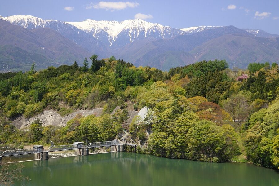 Mt Kiso-Komagatake seen above the Tenryu River in Komagane