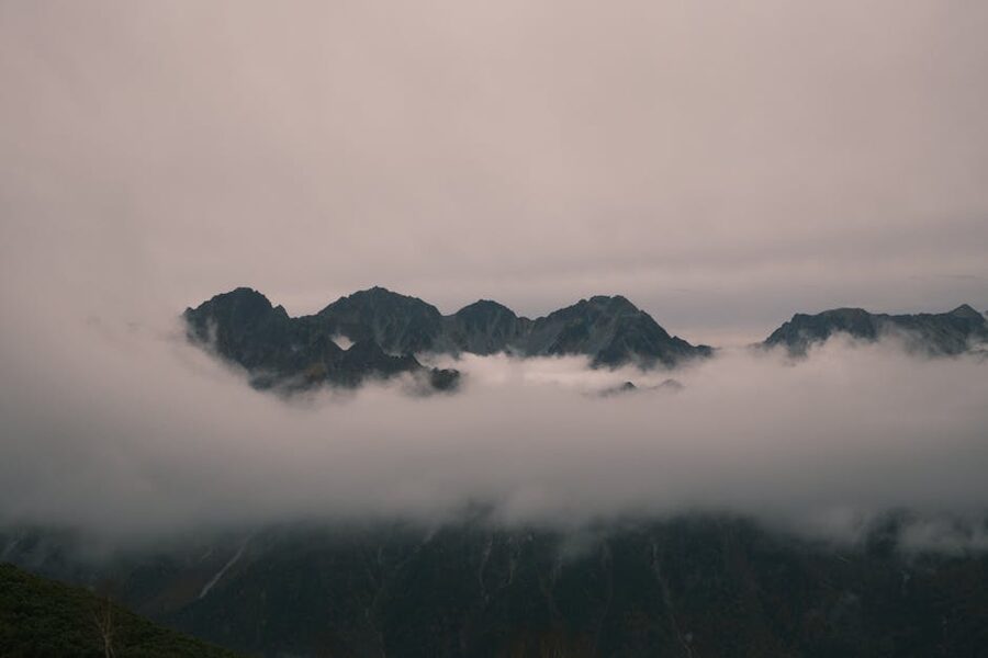 Misty mountain peaks at twilight in Azumino, Nagano